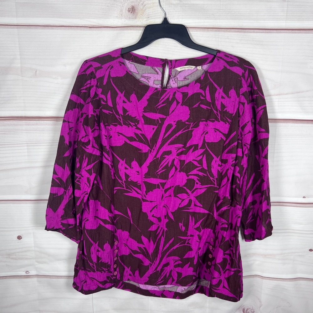 Soft Surroundings Top Womens 1X Purple Floral Blouse Side Buttons Tunic Gauze